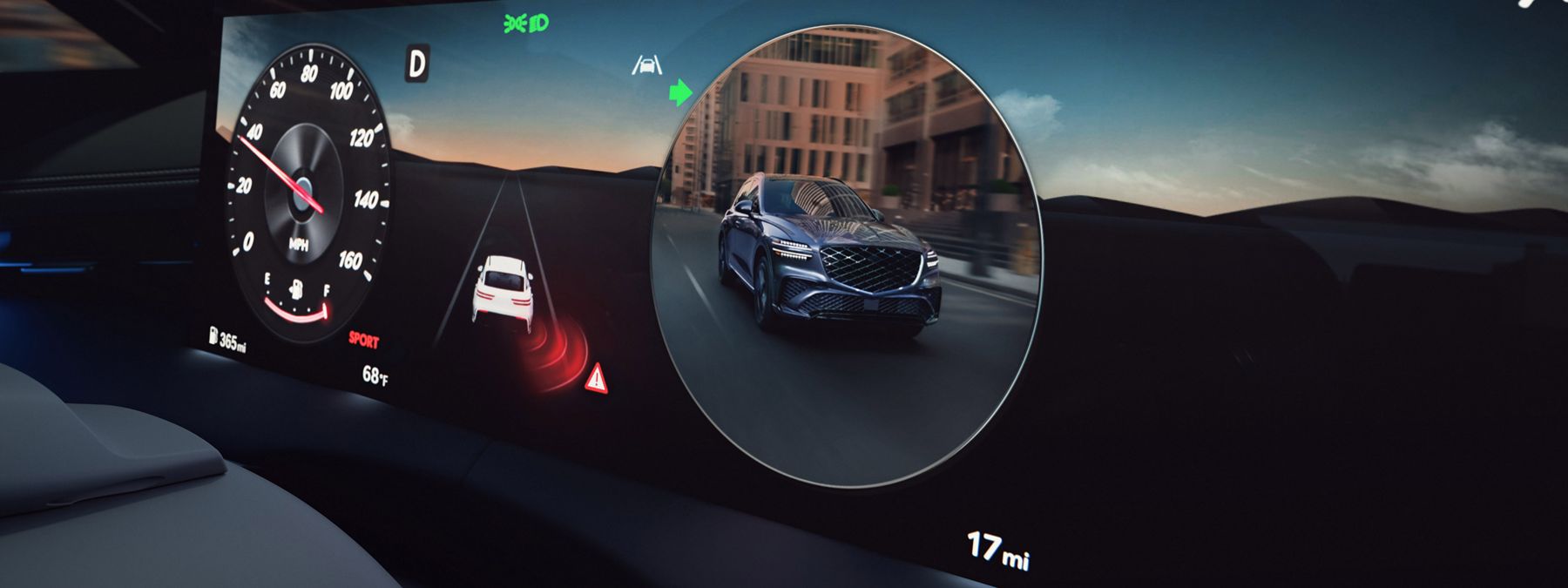 Digital dashboard of a Genesis GV70 showing speedometer, lane assist, and blind-spot view monitor.