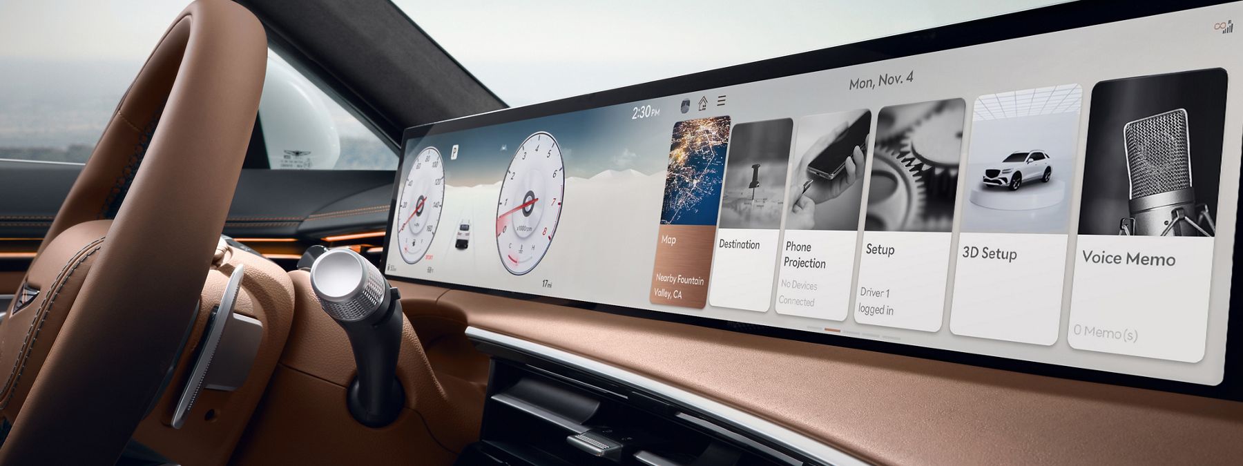 Wide digital dashboard display in a modern luxury car showing gauges and menu cards.