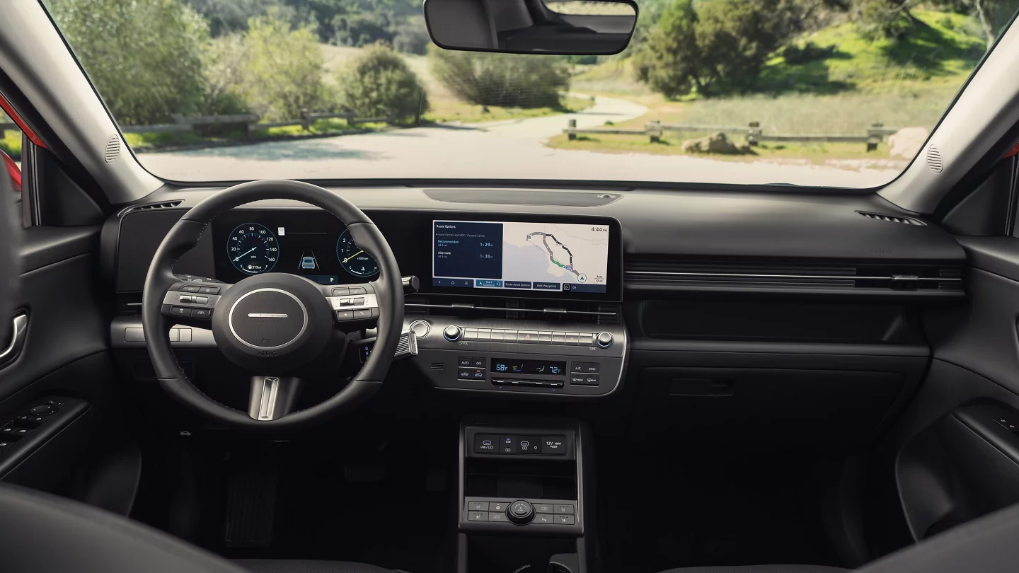 Interior touchscreen and navigation display in a Hyundai Kona.