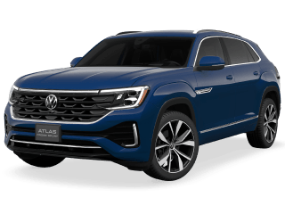 Blue Volkswagen Atlas Cross Sport SUV on dark green background.