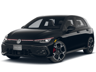 Black 2024 Volkswagen Golf GTI parked against dark green background.