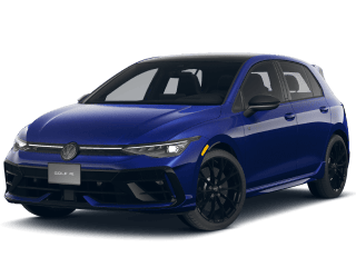 Blue Volkswagen Golf R parked on a neutral background.