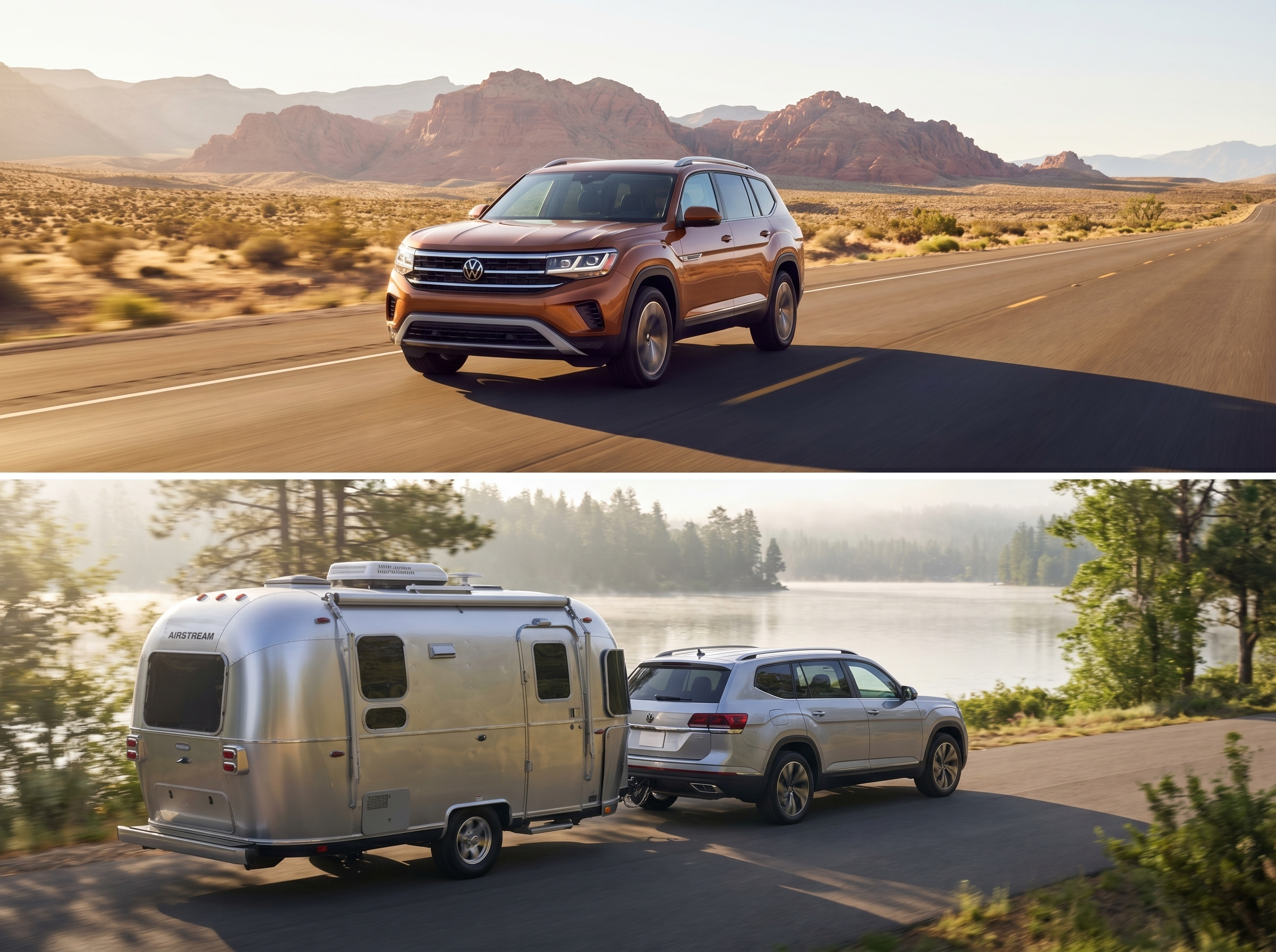 Two scenes of a Volkswagen Atlas SUV, one driving through a desert and another towing an Airstream trailer by a lake.
