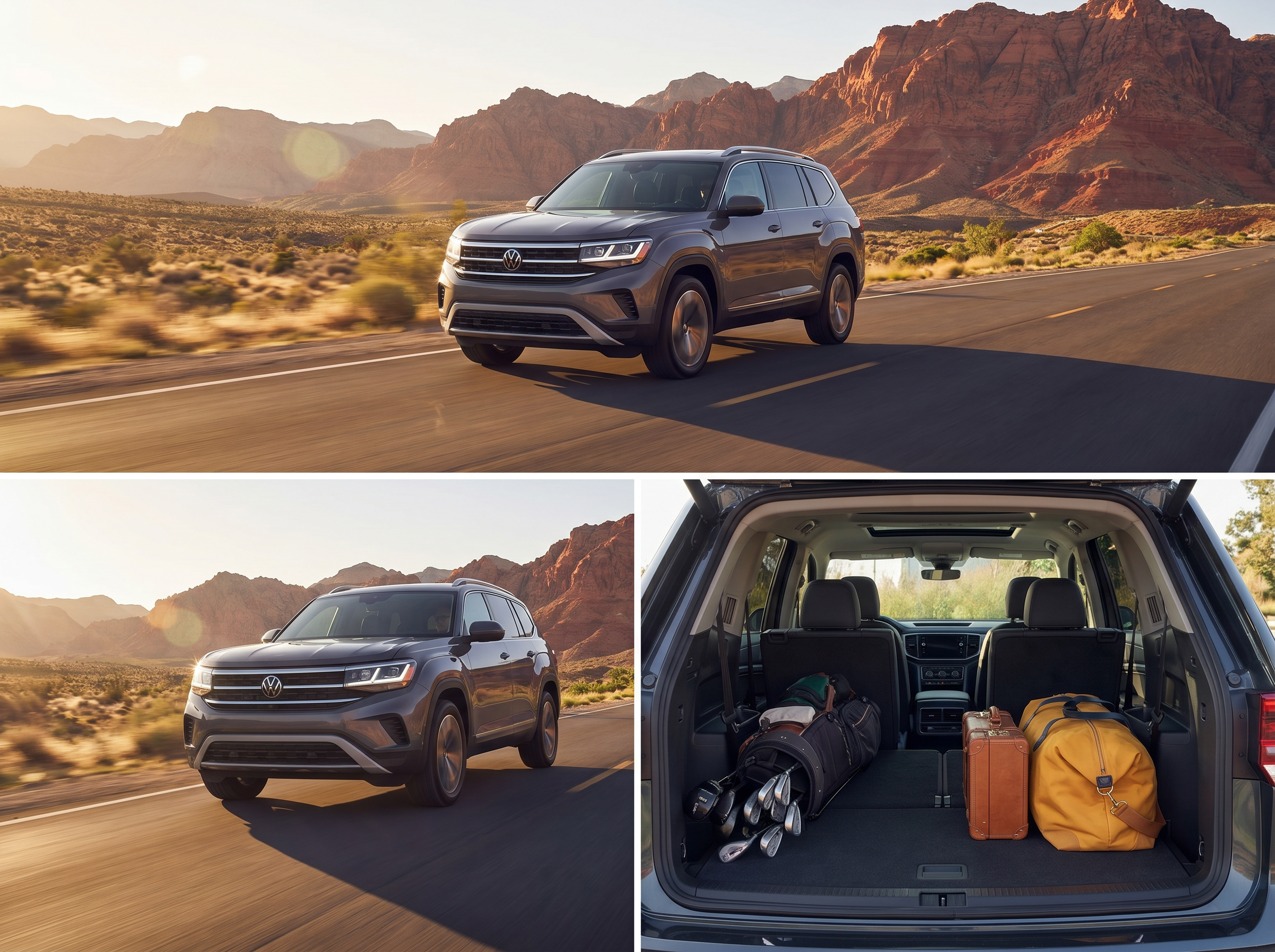 A gray Volkswagen SUV driving on a desert road and its spacious cargo area filled with luggage and golf clubs.