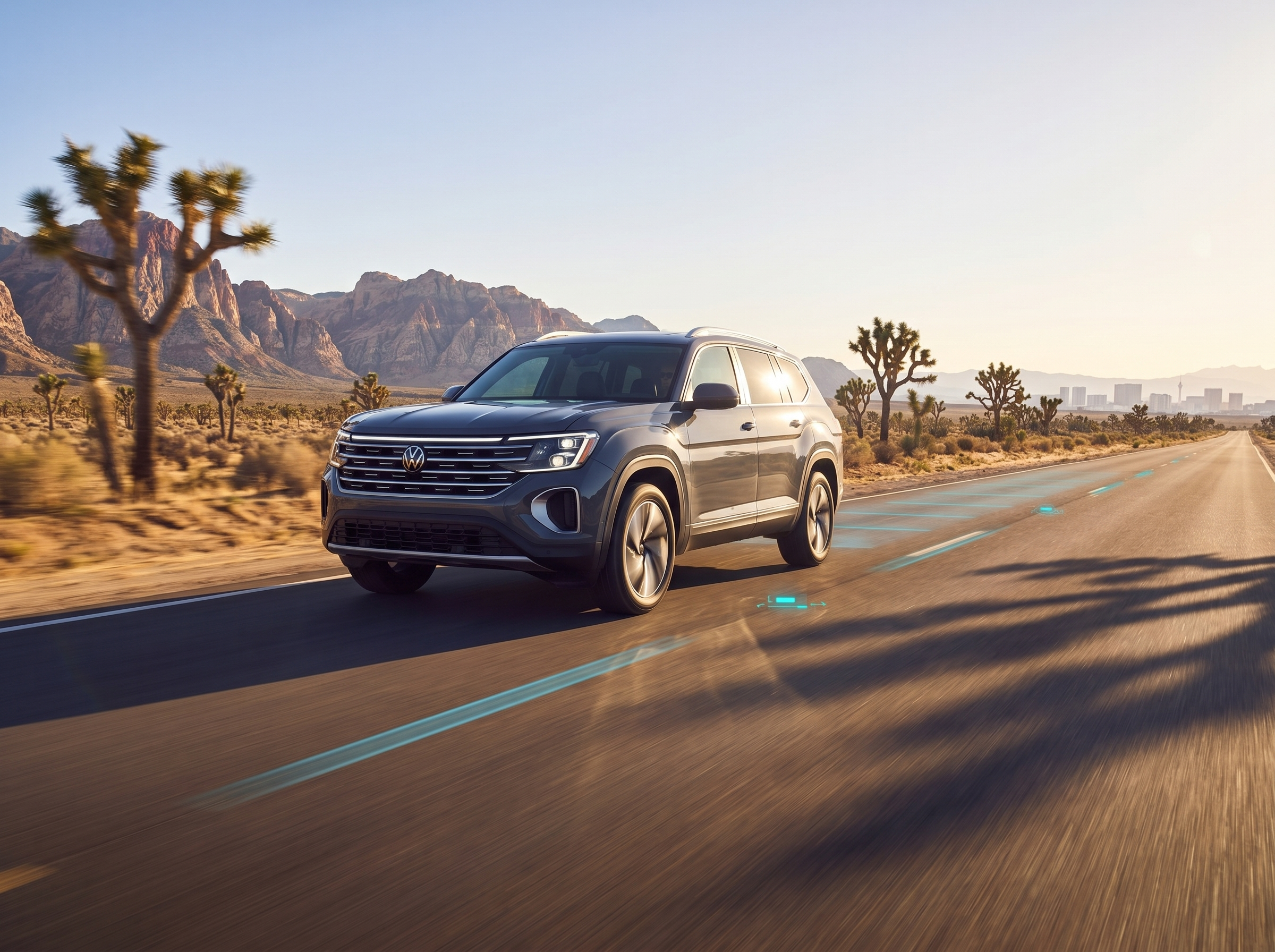 A gray Volkswagen Atlas driving on a desert highway with blue digital lane marking overlays.