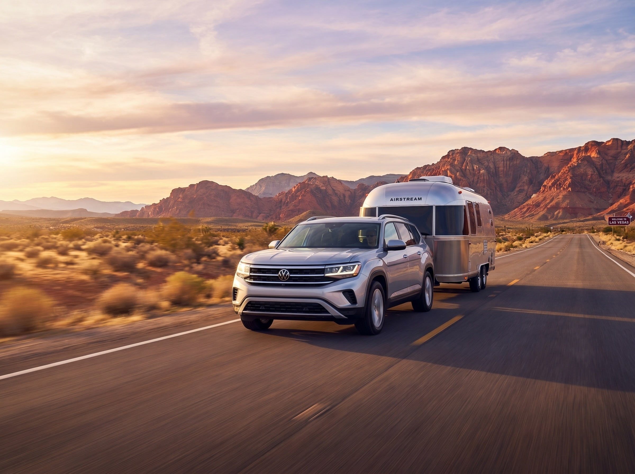 A silver Volkswagen Atlas towing an Airstream trailer on a desert highway at sunset.
