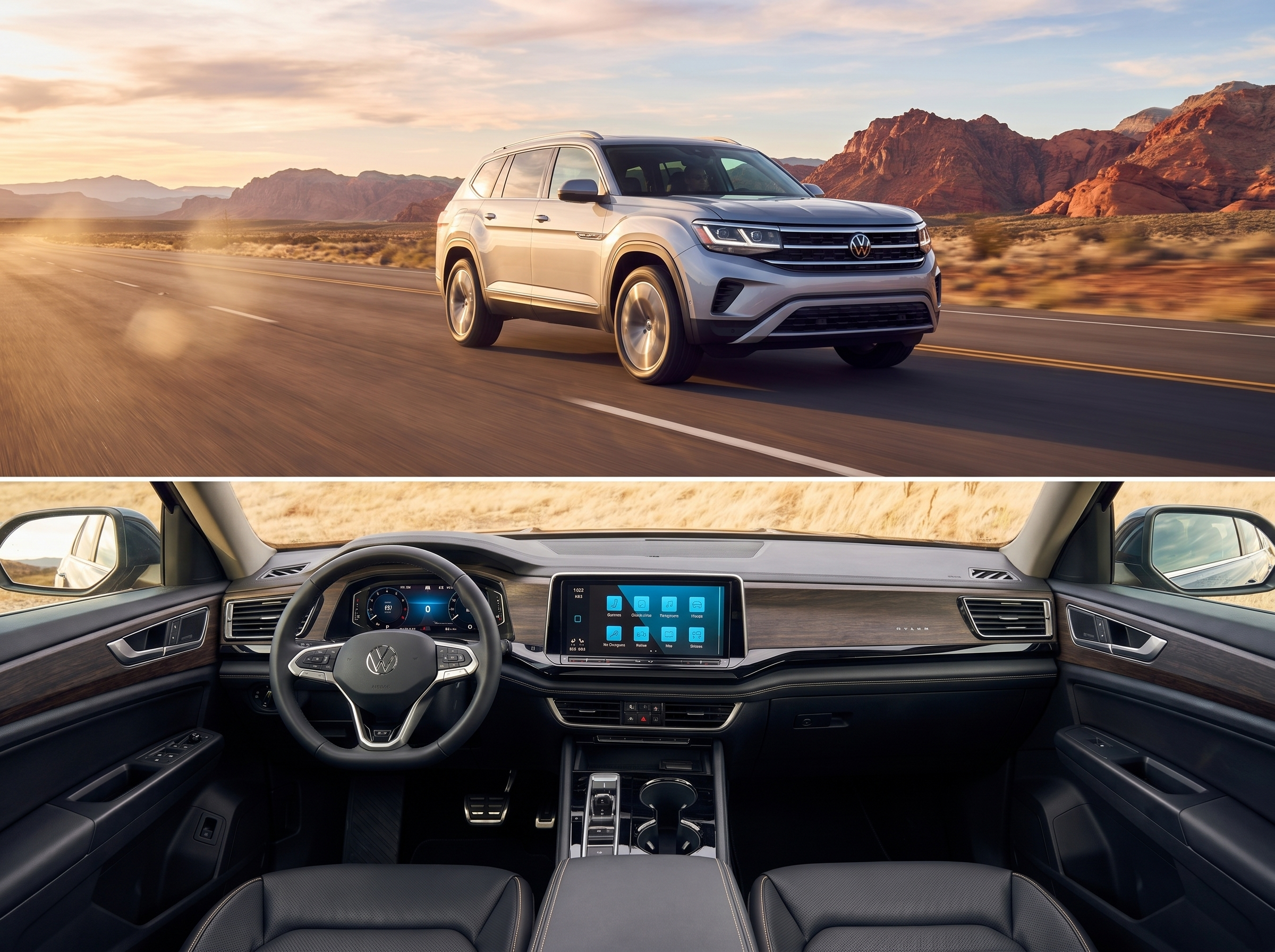 Split image of a silver Volkswagen Atlas SUV driving on a desert road and its modern interior cabin.