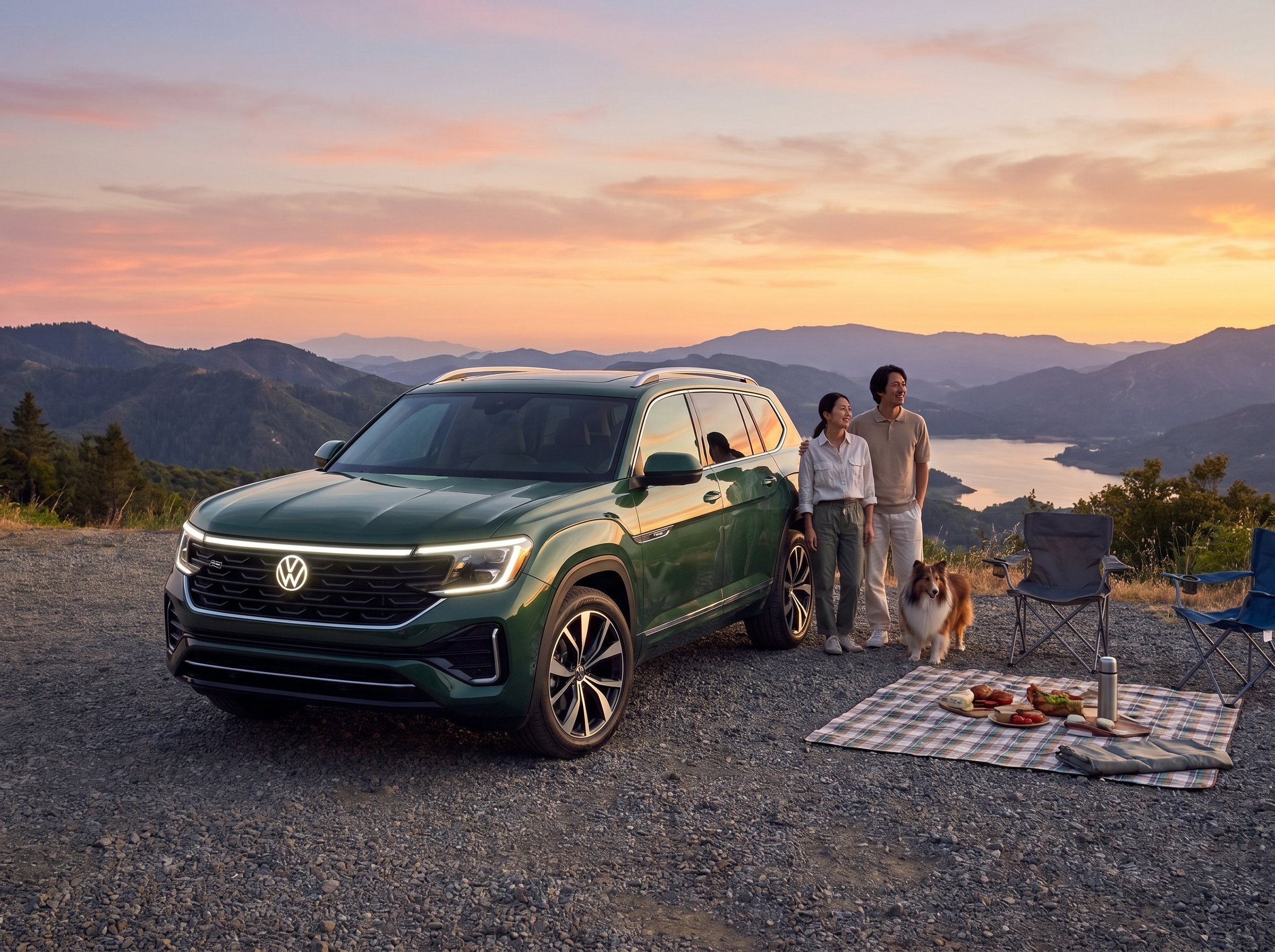 A green Volkswagen Atlas parked on a hill with a couple and their dog overlooking a lake at sunset.