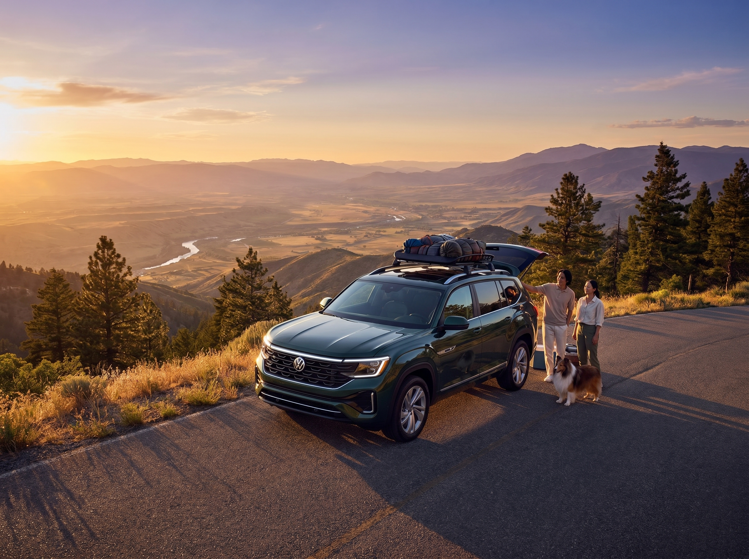 A green Volkswagen Atlas parked on a mountain overlook at sunset with a couple and their dog.