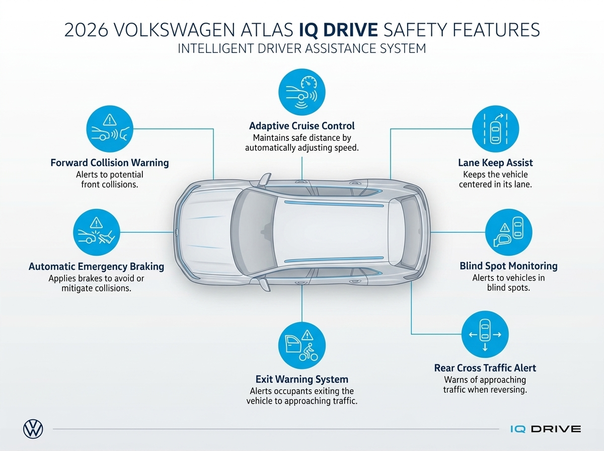 Diagram showing 2026 Volkswagen Atlas IQ.DRIVE safety features with icons and descriptions around a car illustration.
