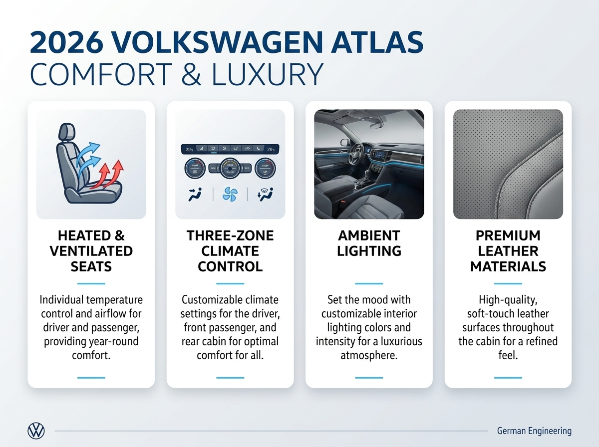 Infographic showing comfort and luxury features of the 2026 Volkswagen Atlas, including seats, climate, and lighting.