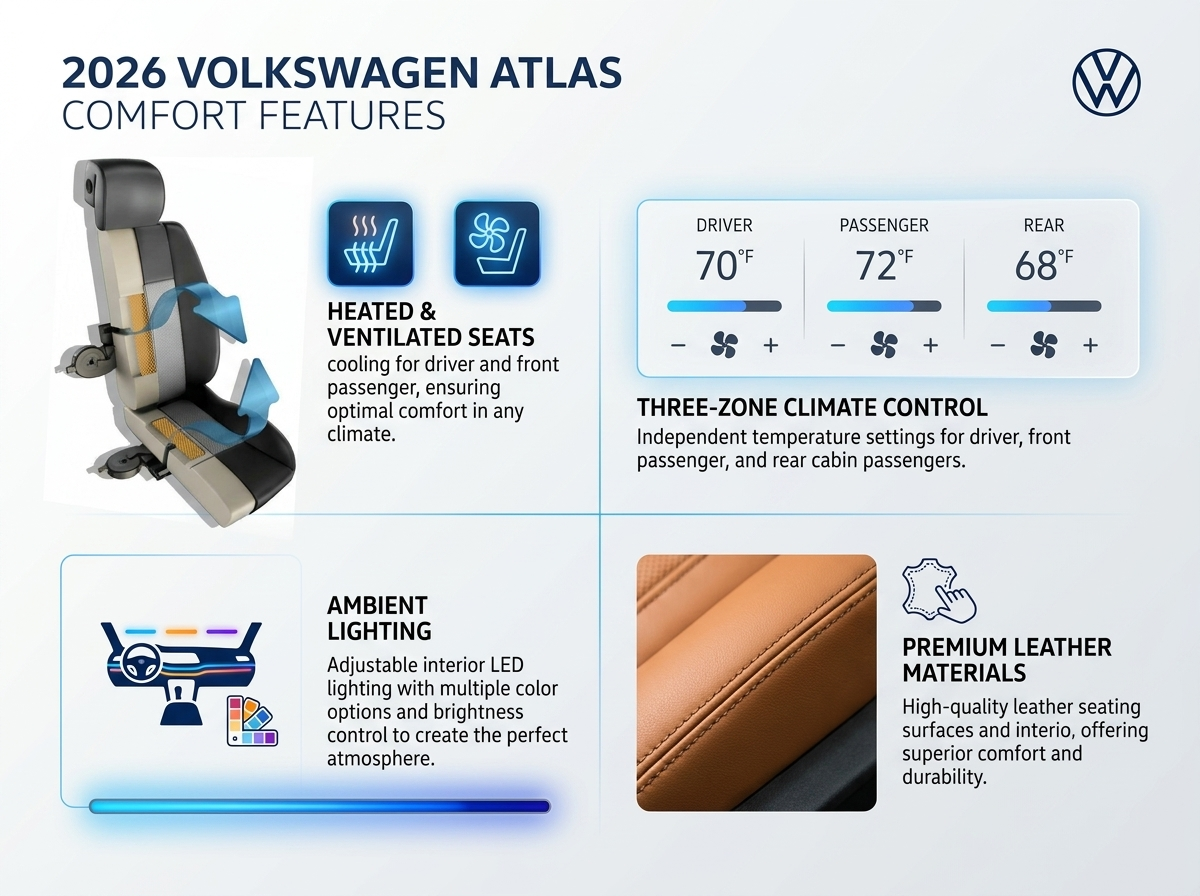 Infographic showing comfort features of the 2026 Volkswagen Atlas including seats, climate control, and ambient lighting.