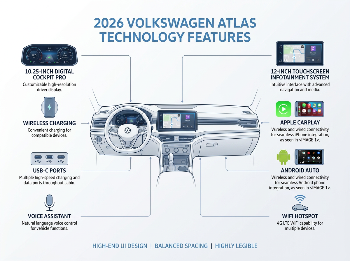 Diagram showing the technology features of the 2026 Volkswagen Atlas interior dashboard.