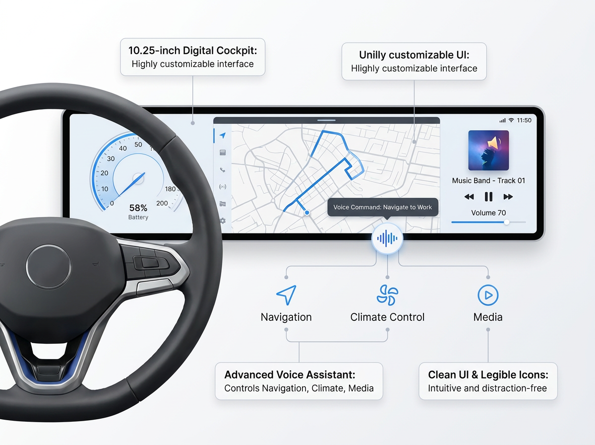 Conceptual car dashboard display featuring a 10.25-inch digital cockpit, navigation map, media player, and voice assistant.