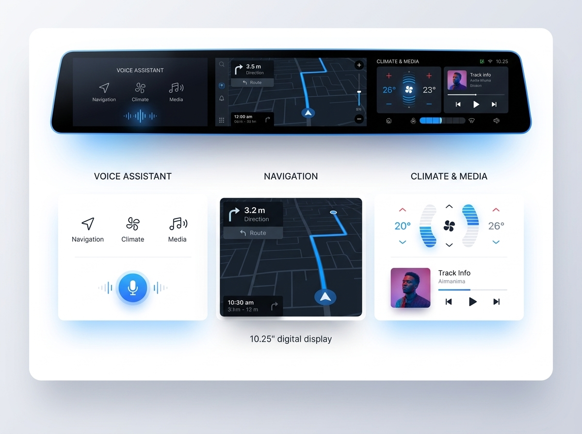 Interface design for a 10.25-inch digital automotive display showing voice assistant, navigation, and climate controls.
