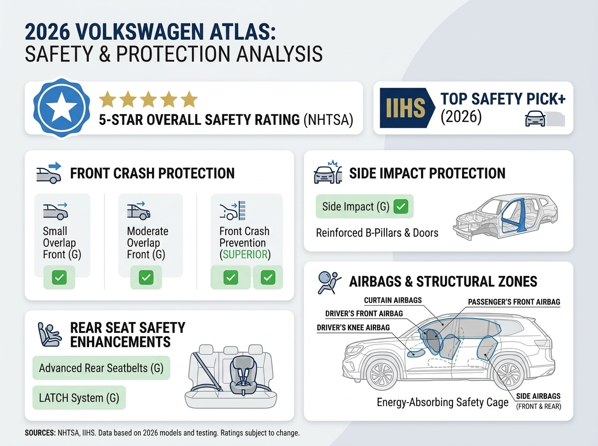 Safety infographic for the 2026 Volkswagen Atlas showing NHTSA and IIHS ratings and crash protection features.