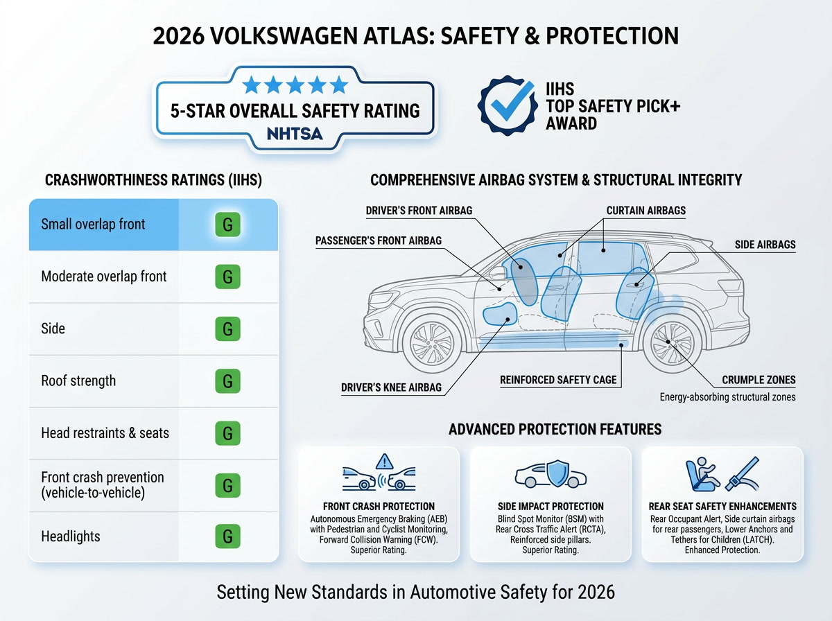 Safety infographic for the 2026 Volkswagen Atlas showing 5-star NHTSA rating and IIHS Top Safety Pick+ award.