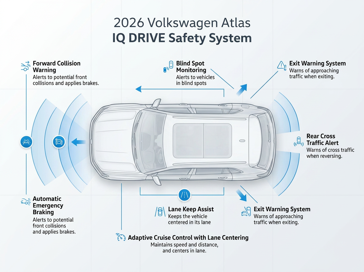 Diagram showing the IQ DRIVE safety features of the 2026 Volkswagen Atlas with labels and radar wave graphics.