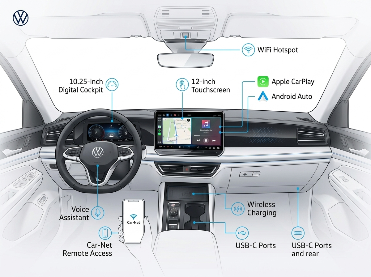 Diagram of a Volkswagen car interior highlighting technology features like Digital Cockpit and touchscreen.