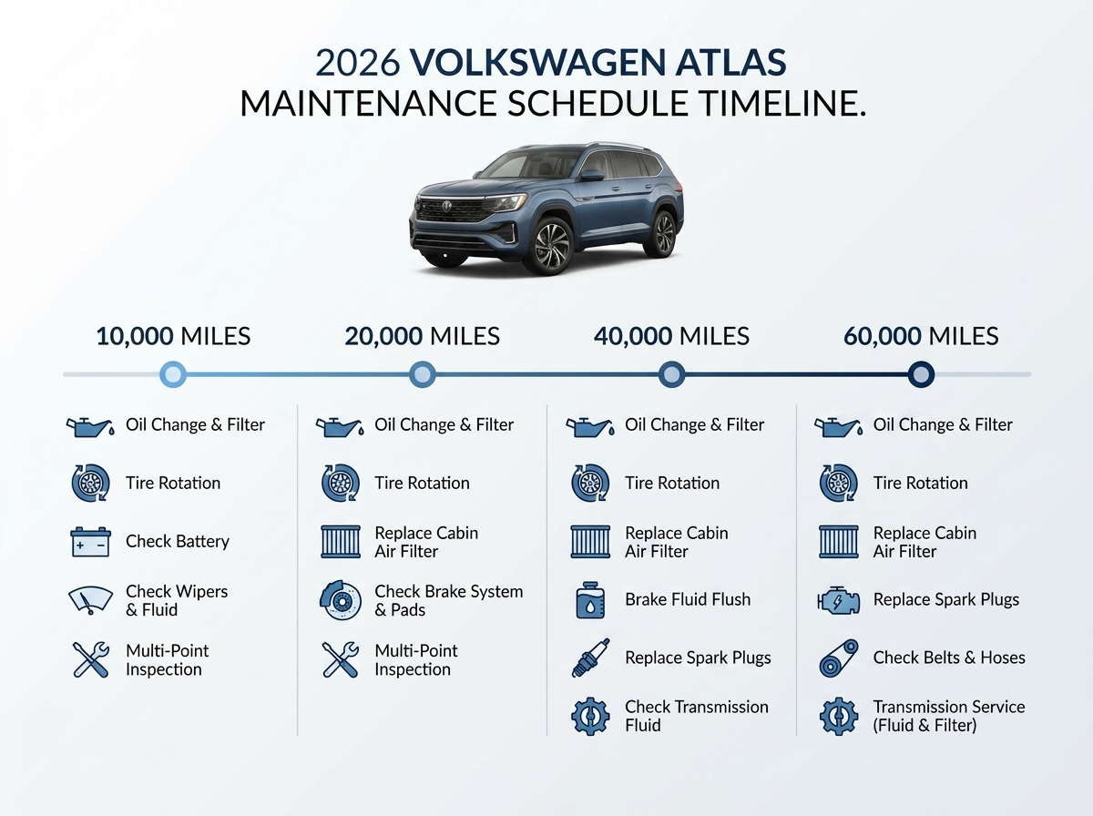 Maintenance schedule for 2026 Volkswagen Atlas at 10k, 20k, 40k, and 60k mile intervals.