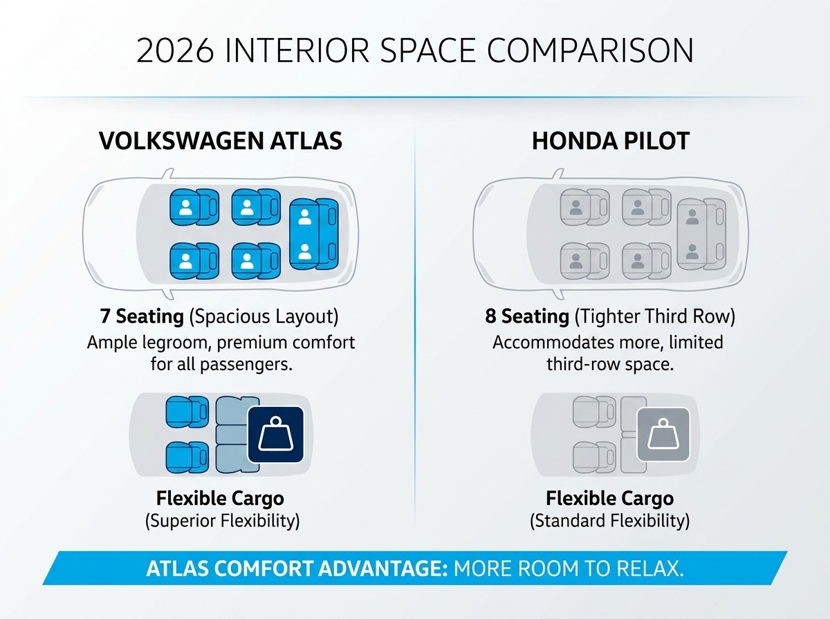 Comparison graphic of interior space and seating between the 2026 Volkswagen Atlas and Honda Pilot.