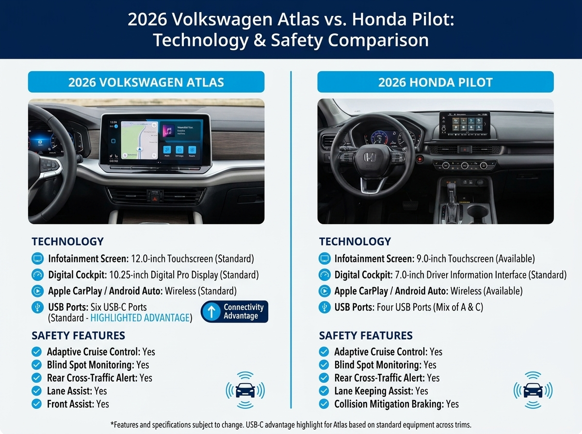 Comparison chart of technology and safety features for the 2026 Volkswagen Atlas and 2026 Honda Pilot.