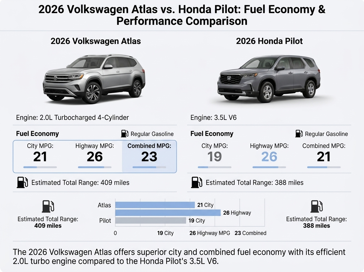 Comparison chart showing fuel economy and range for the 2026 Volkswagen Atlas and 2026 Honda Pilot.