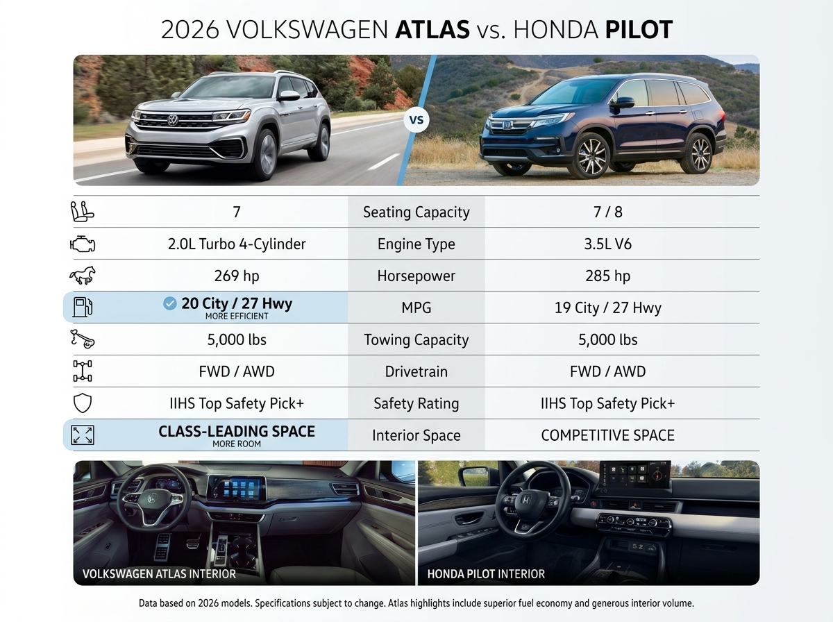 Comparison chart between 2026 Volkswagen Atlas and Honda Pilot with specs for engine, MPG, and interior space.