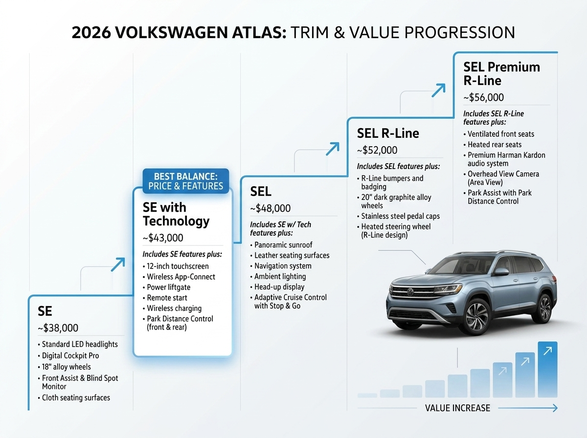 A staircase chart showing the 2026 Volkswagen Atlas trim levels and their prices, from SE to SEL Premium R-Line.