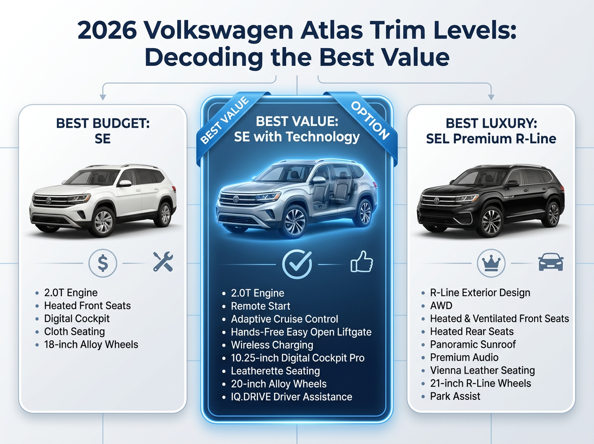 Infographic showing 2026 Volkswagen Atlas trim levels: SE, SE with Technology, and SEL Premium R-Line.