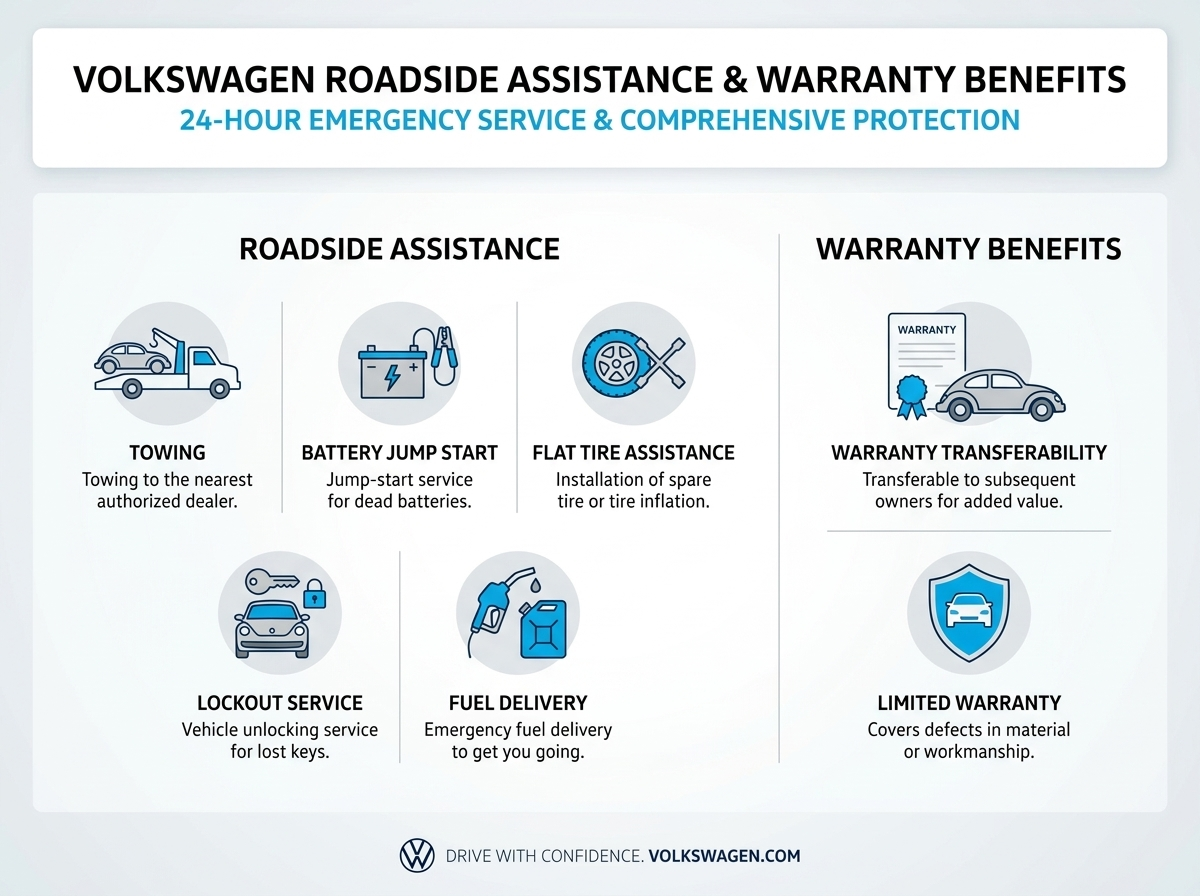 Infographic showing Volkswagen roadside assistance services like towing and fuel delivery alongside warranty benefits.