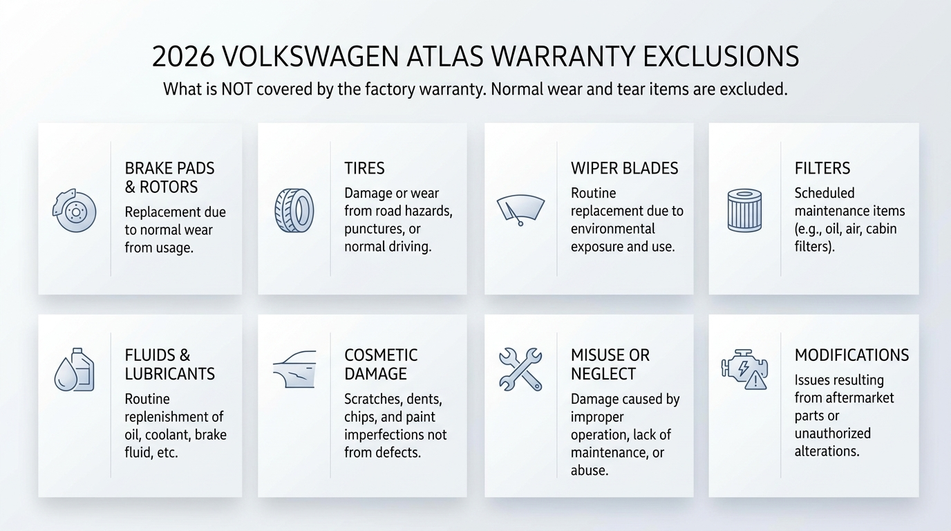 Graphic titled 2026 Volkswagen Atlas Warranty Exclusions showing eight icons and descriptions of items not covered.