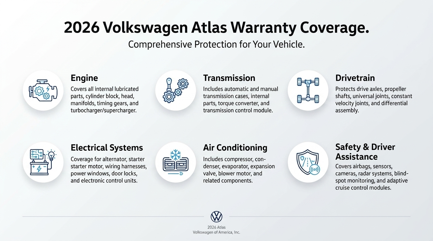 Infographic showing 2026 Volkswagen Atlas warranty coverage for engine, transmission, drivetrain, and more.