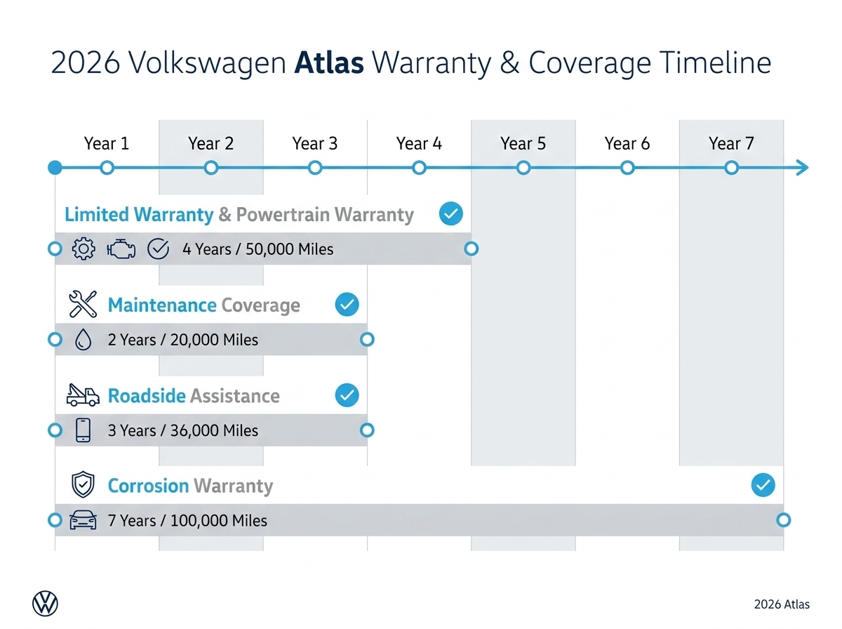 Timeline infographic showing the 2026 Volkswagen Atlas warranty and maintenance coverage details over seven years.