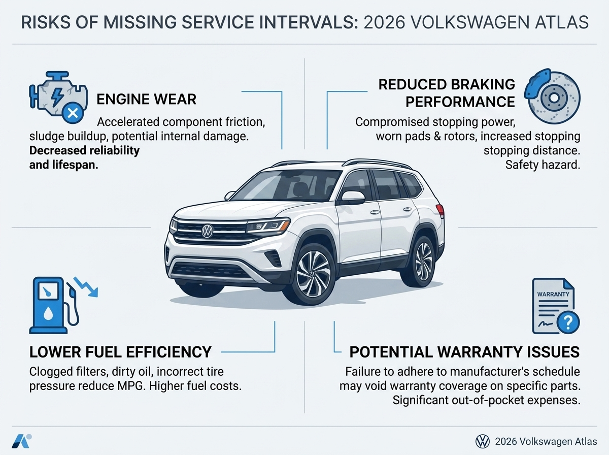 Infographic showing risks of missing service intervals for the 2026 Volkswagen Atlas.