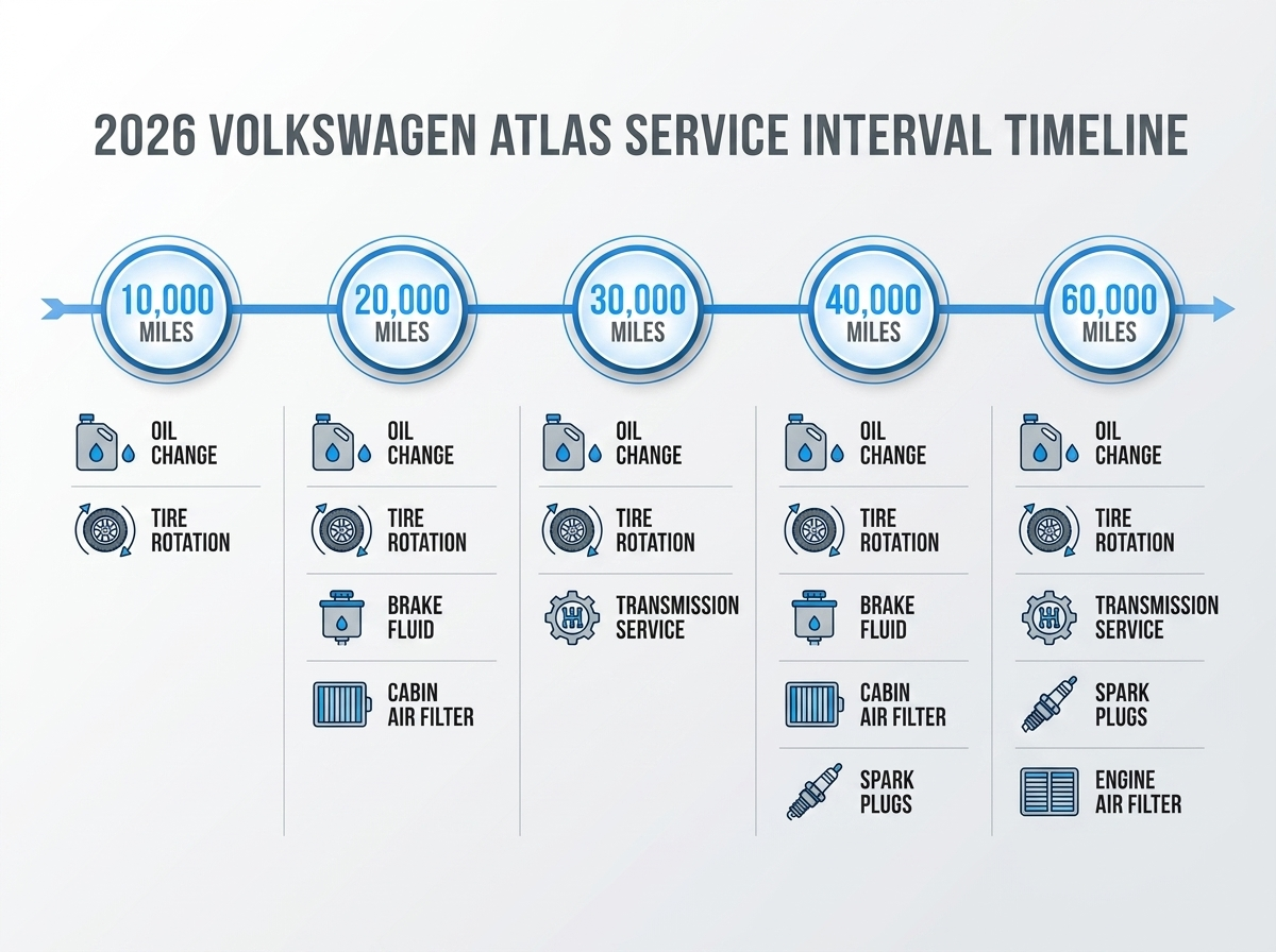 A service interval timeline for the 2026 Volkswagen Atlas showing maintenance tasks from 10,000 to 60,000 miles.