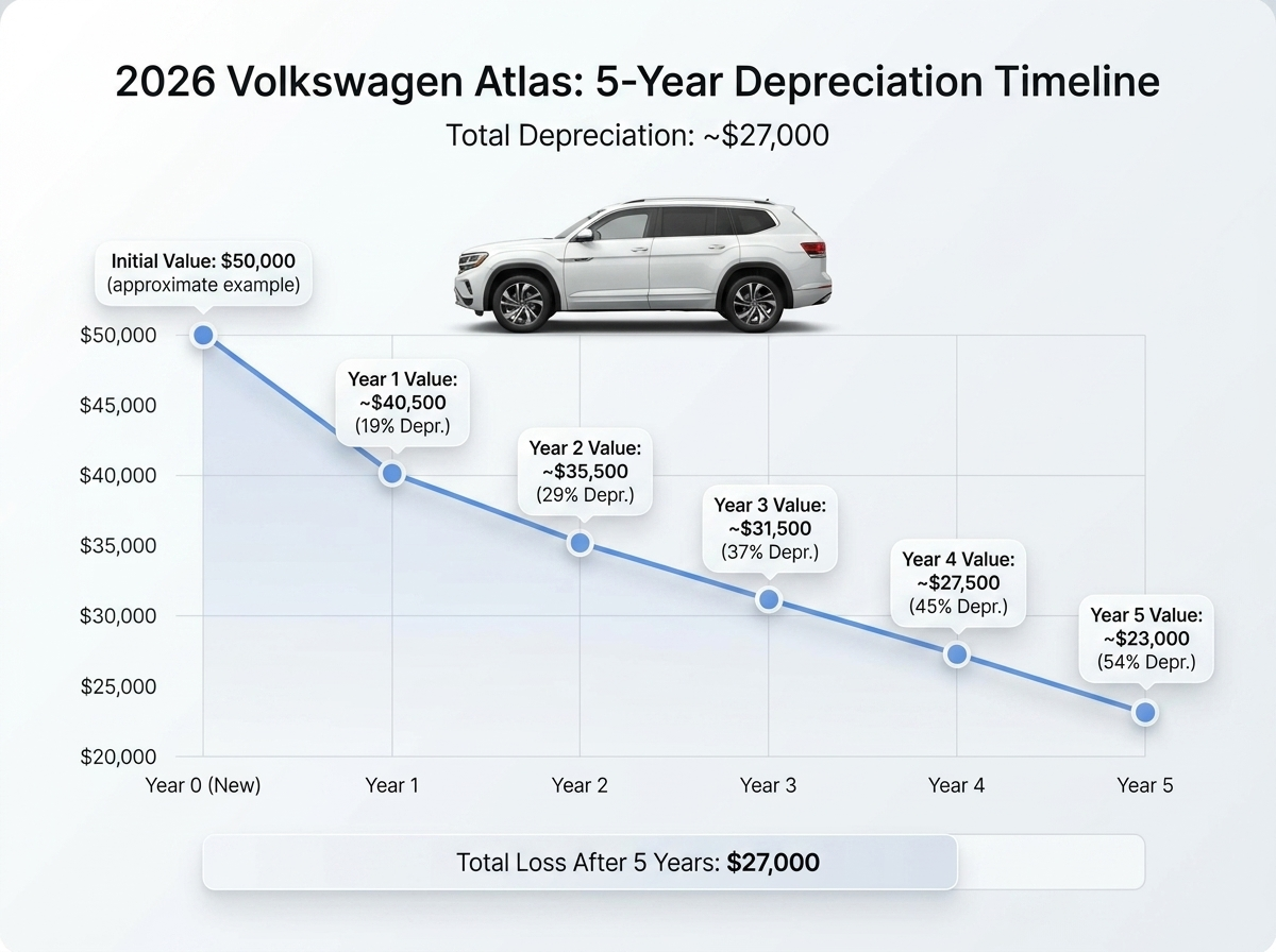 Line graph showing the 5-year depreciation timeline for a 2026 Volkswagen Atlas, starting at $50,000.