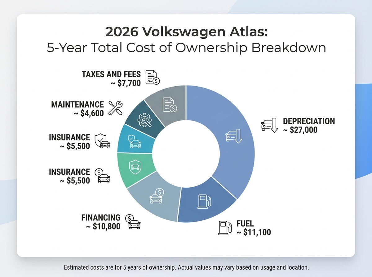 A donut chart showing the 5-year total cost of ownership breakdown for a 2026 Volkswagen Atlas.