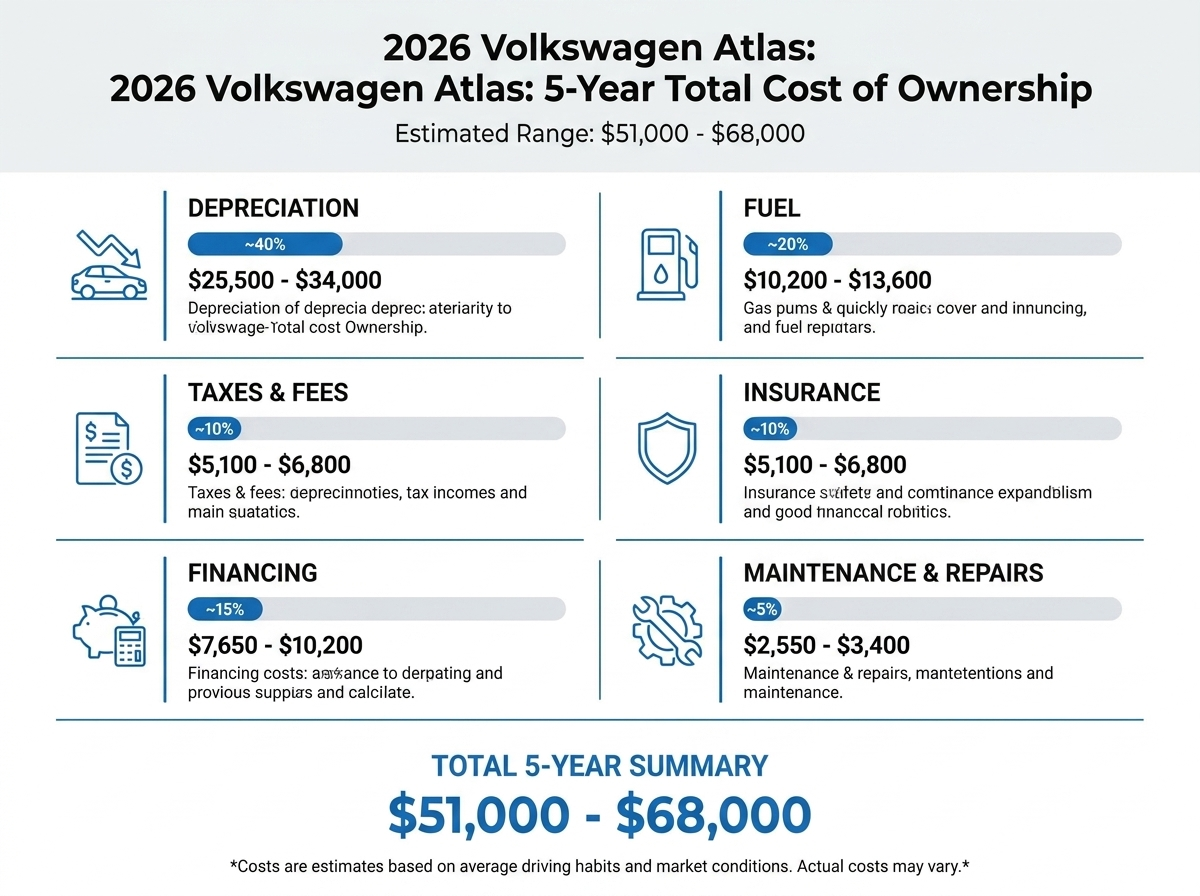 Infographic showing the 5-year total cost of ownership for a 2026 Volkswagen Atlas, ranging from $51,000 to $68,000.