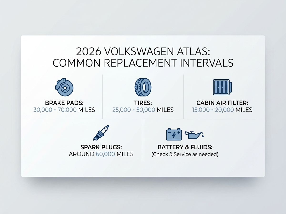 Infographic showing common replacement intervals for a 2026 Volkswagen Atlas, including brake pads, tires, and filters.