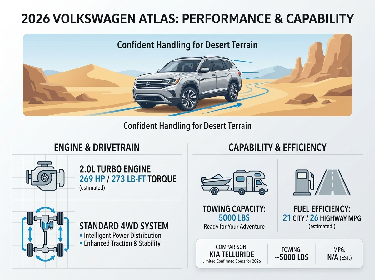 Infographic showing 2026 Volkswagen Atlas performance specs, including 269 HP, 5000 lbs towing, and 26 highway MPG.