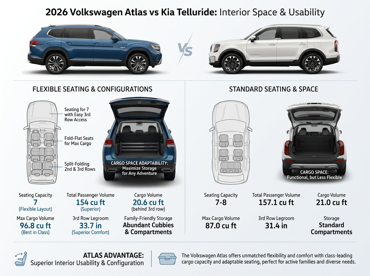 Comparison graphic of 2026 Volkswagen Atlas vs Kia Telluride interior space, cargo volume, and seating configurations.