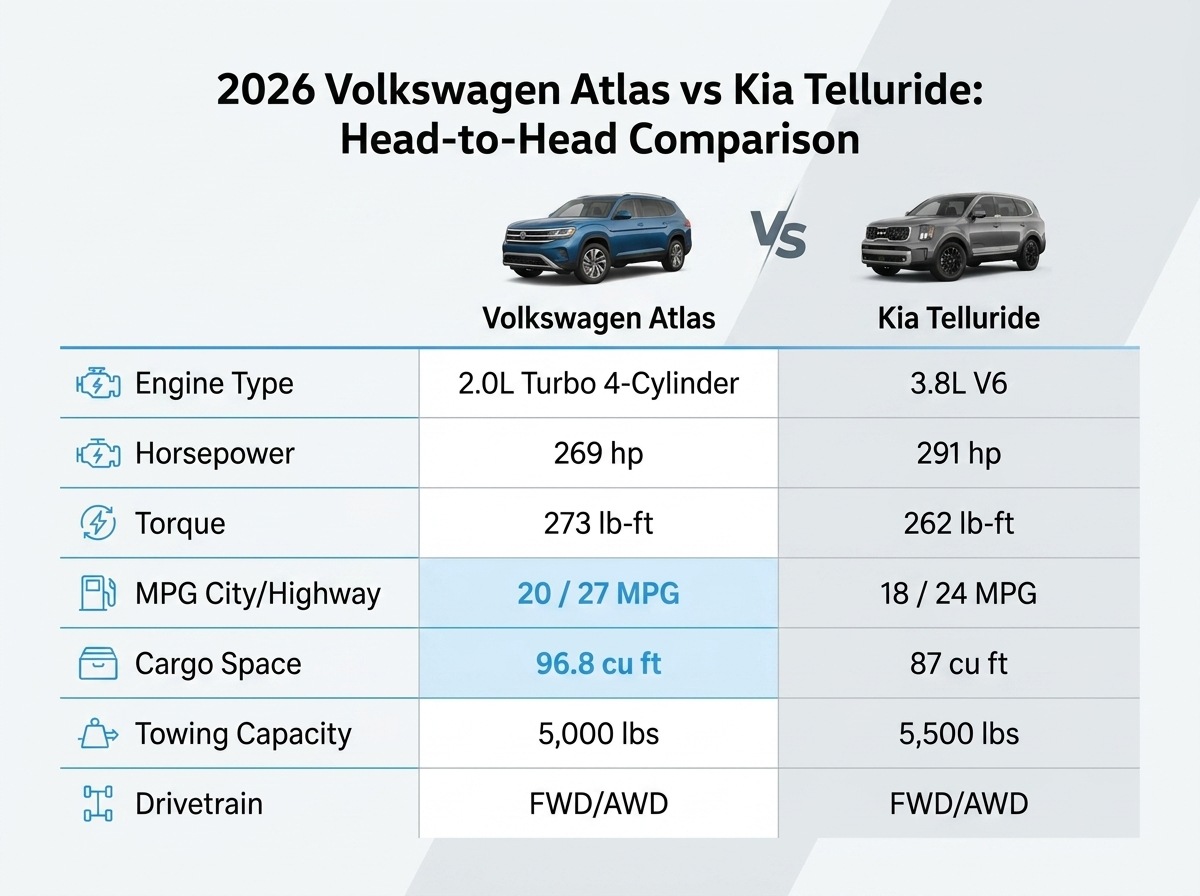 Comparison chart showing specs for the 2026 Volkswagen Atlas vs Kia Telluride across seven categories.