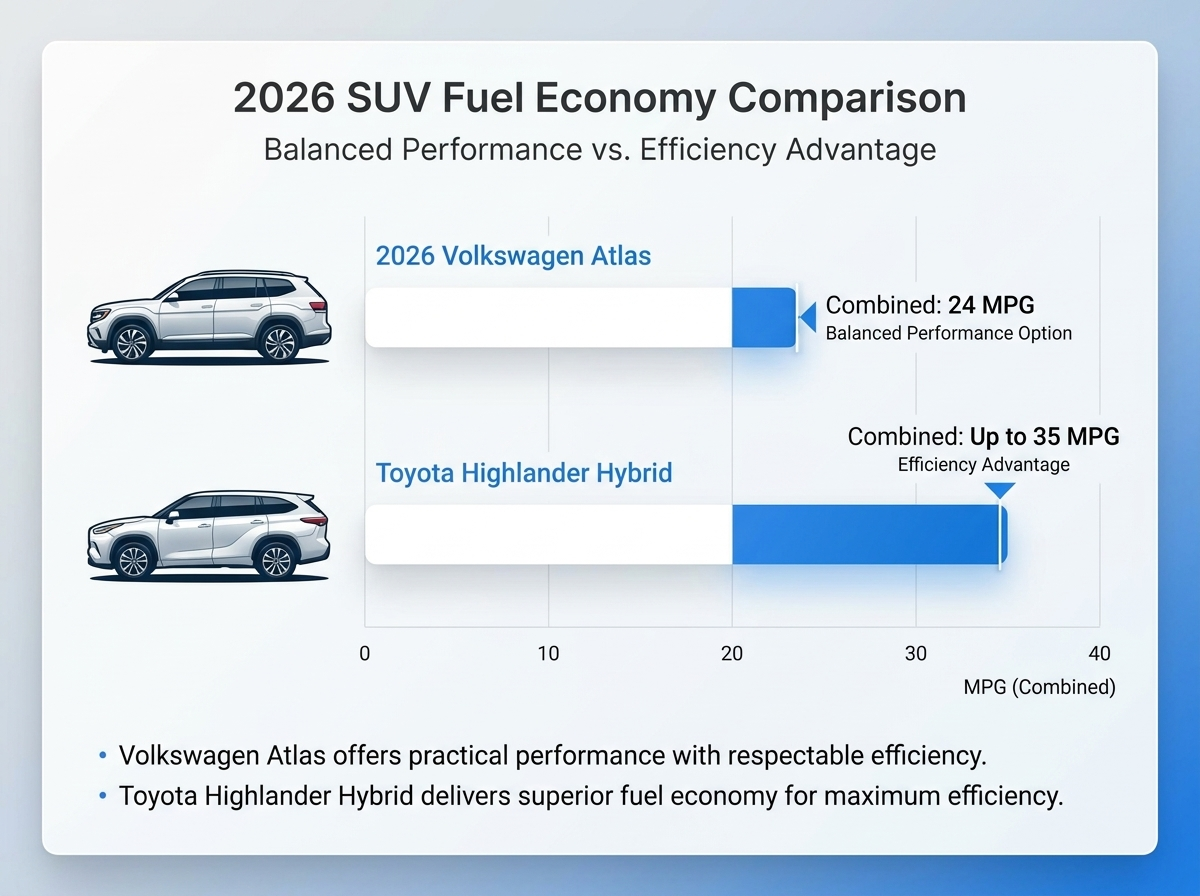 Bar chart comparing 2026 SUV fuel economy: VW Atlas at 24 MPG vs Toyota Highlander Hybrid at 35 MPG.