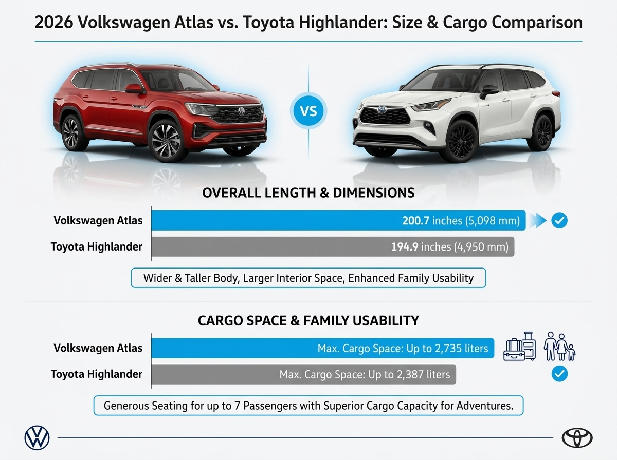 Comparison chart showing 2026 Volkswagen Atlas vs Toyota Highlander dimensions and cargo space.