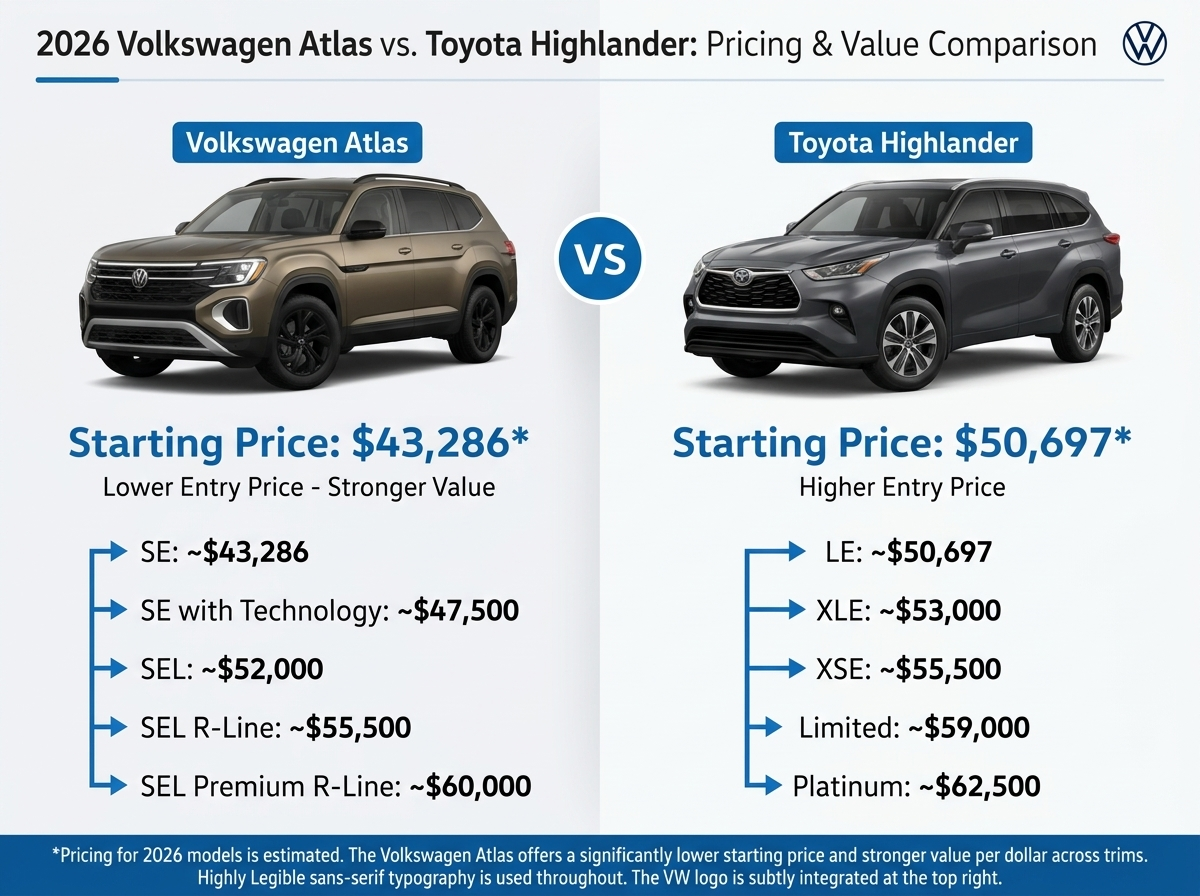 Infographic comparing the 2026 Volkswagen Atlas and Toyota Highlander pricing across various trim levels.