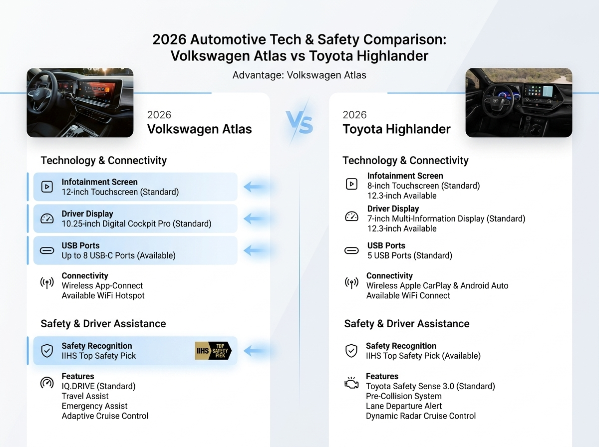 Comparison chart of 2026 Volkswagen Atlas vs Toyota Highlander technology and safety features.