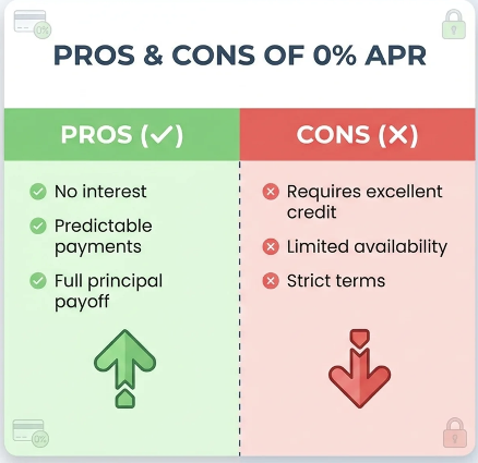 Infographic showing pros and cons of 0% APR, including no interest vs. requiring excellent credit.