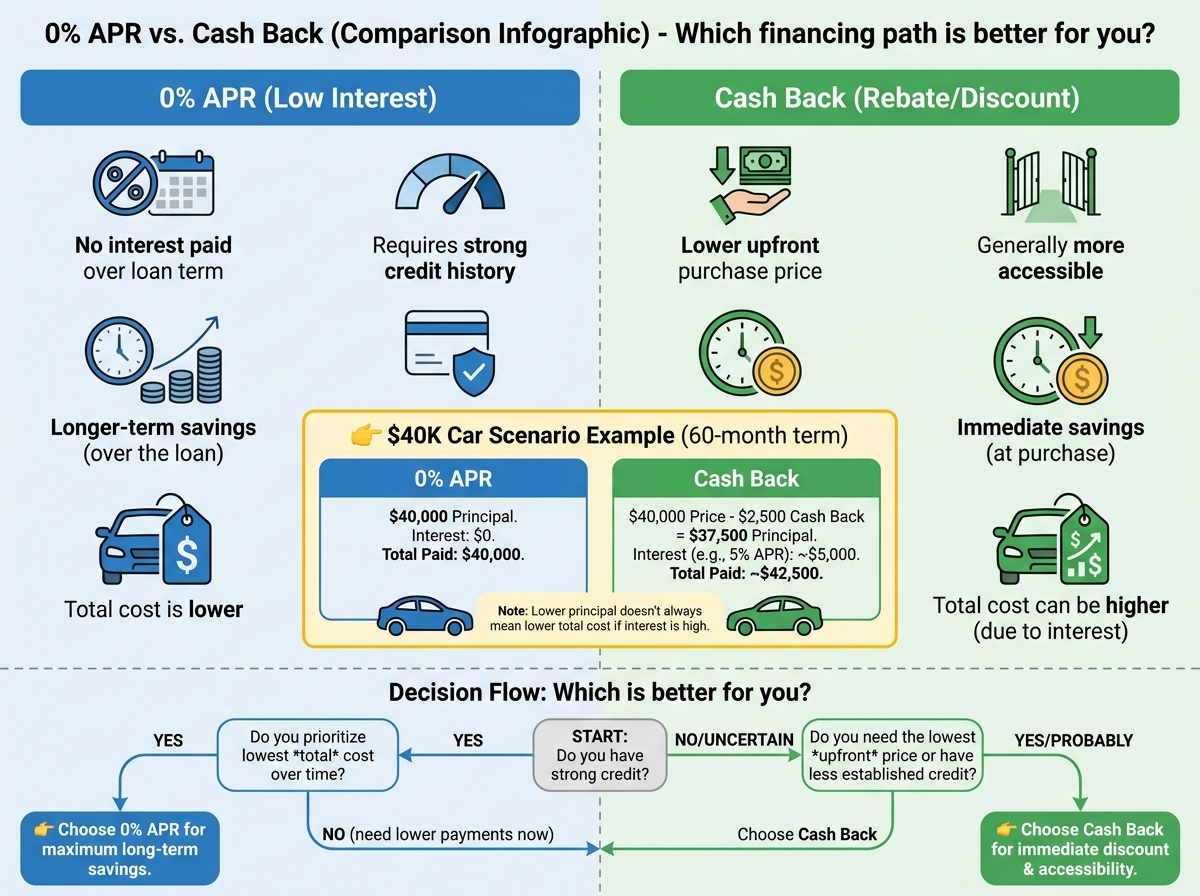 Infographic comparing 0% APR and Cash Back financing options for a car purchase.