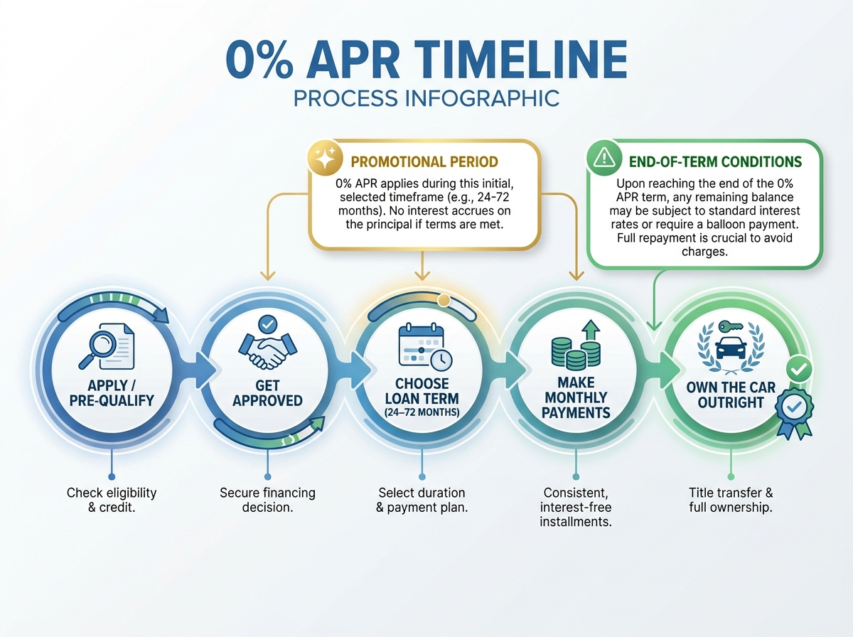 A process infographic showing the timeline for a 0% APR car loan, from pre-qualifying to full ownership.